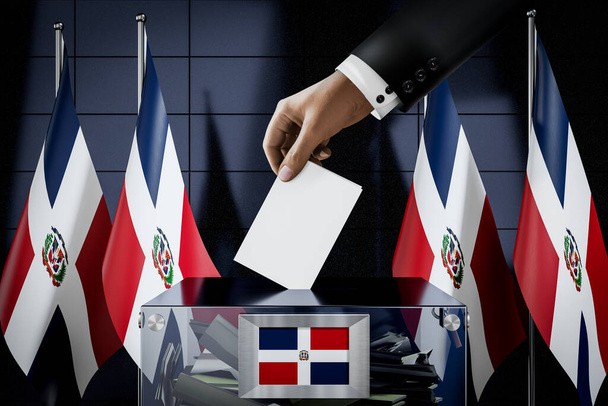Flaggen der Dominikanischen Republik, Hand wirft Wahlkarte in eine Box - Abstimmung, Wahlkonzept - 3D-Illustration - Foto, Bild