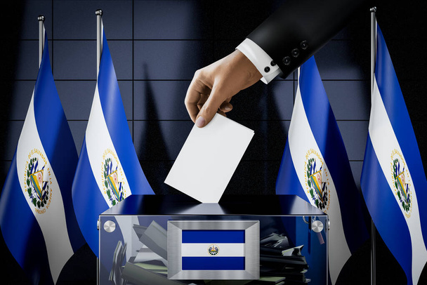 El Salvador vlaggen, hand laten vallen stemkaart in een doos - stemming, verkiezingsconcept - 3D illustratie - Foto, afbeelding