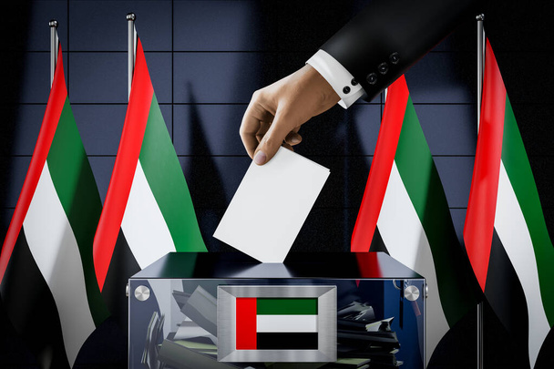 Emirates liput, käsi pudottamalla äänikortti laatikkoon - äänestäminen, vaalien käsite - 3D-kuvitus - Valokuva, kuva