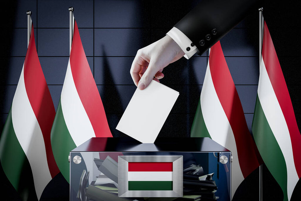 Флаги Венгрии, ручное опускание бюллетеней в коробку - голосование, предвыборная концепция - 3D иллюстрация - Фото, изображение