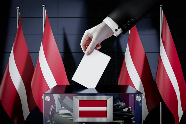 Latvia liput, äänikortin pudottaminen laatikkoon - äänestys, vaalikonsepti - 3D-kuvitus - Valokuva, kuva