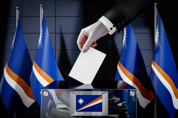 Флаги Маршалловых островов, ручное опускание бюллетеней в ящик - голосование, избирательная концепция - 3D иллюстрация - Фото, изображение