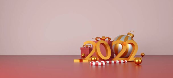 Feliz Navidad y año nuevo 2022 presenta concepto. cajas de regalo rojas, bola de oro, estrella dorada, 2022 texto 3d y decoración de Navidad sobre fondo rojo. Ilustración 3D  - Foto, Imagen