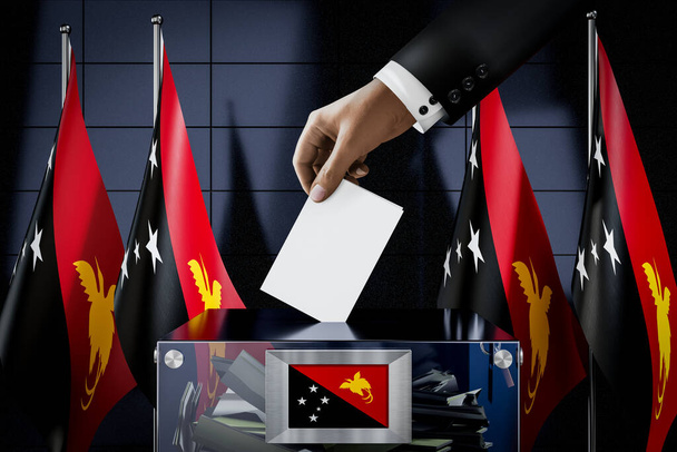 Papua-Neuguinea-Flaggen, Hand wirft Wahlkarte in eine Schachtel - Abstimmung, Wahlkonzept - 3D-Illustration - Foto, Bild