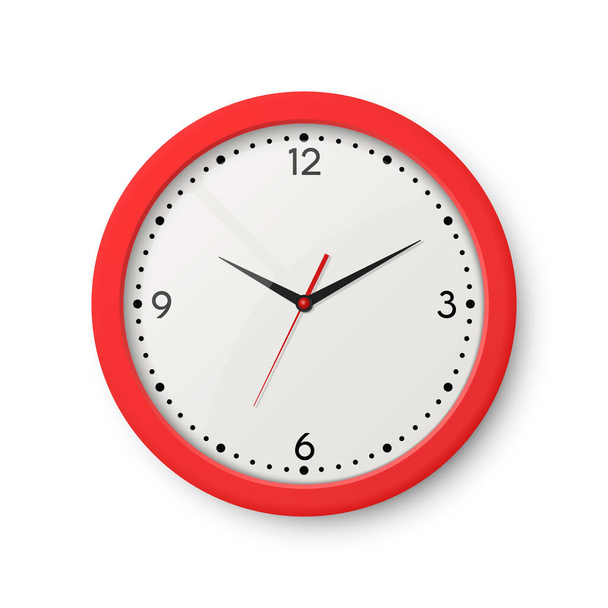 Vector 3d Realistic Red Wall Office Clock Isolated on White. White Dial. Design Template of Wall Clock Closeup. Mock-up for Branding, Advertise. Top, Front View - Διάνυσμα, εικόνα