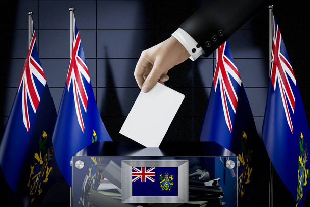 Флаги островов Питкэрн, карточка для голосования в коробке для голосования, концепция выборов - 3D иллюстрация - Фото, изображение