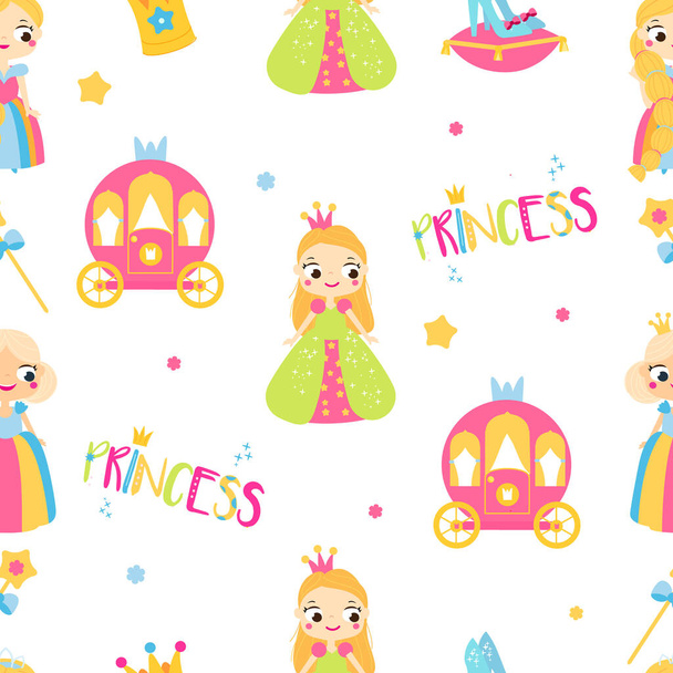 Princess seamless pattern. Vector background with girls elements for party invitations, gift wrapping, scrapbook papers and other children design. - Vektori, kuva