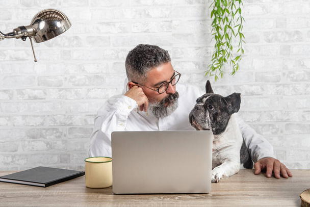 Wolny strzelec pracujący w domu ze swoim psem siedzącym w biurze. Mężczyzna korzystający z laptopa w domu ze słodkim psem - Zdjęcie, obraz