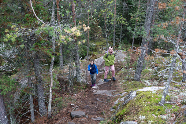 Mother with son climbing Mount Hiidenvuori in summer, Karelia - Fotografie, Obrázek