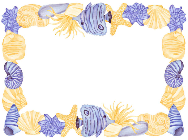Watercolor Underwater creatures Rectangle Frame. Violet Fish, Sea Shells, Sea horse and Jelly Fish isolated on a white background. - Foto, immagini