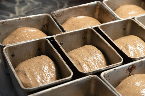 Uncooked bread in the form of dough is placed in bread tins before baking. Craft bread. Kravtovoe production of wholesome and healthy bread. View from above - Photo, Image