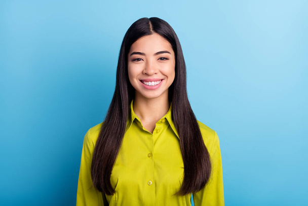 Photo of young attractive woman happy positive toothy smile wear shirt isolated over blue color background - Φωτογραφία, εικόνα
