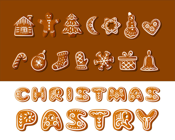 Christmas pastries. Gingerbread letters and figures painted with white glaze. - Vector, Image
