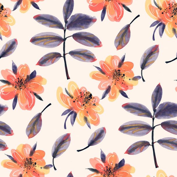 Seamless pattern with watercolor flowers. Hand-drawn illustration.  - Foto, Imagen