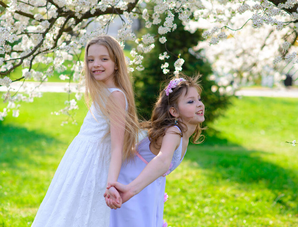 Beautiful young girls with blue eyes in a white dresses in the garden with apple trees blosoming having fun - Photo, Image
