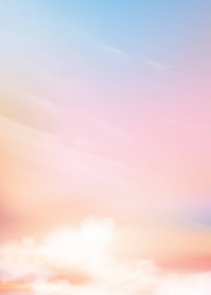 Cielo di polvere colorato con nuvole in tono pastello su sfondo blu, rosa, viola, giallo, arancione al mattino, bellissimo cielo al tramonto su autunno, primavera, estate, inverno, Illustrazione vettoriale dolce sfondo vacanza - Vettoriali, immagini