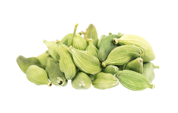 Cardamom pods isolated on white background. Green cardamon seeds. Clipping path. - Photo, Image