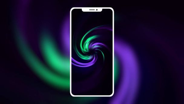 Silueta abstracta de un nuevo smartphone con animación borrosa detrás sobre fondo negro. Moción. Girando espiral colorida en una pantalla del teléfono. - Foto, Imagen