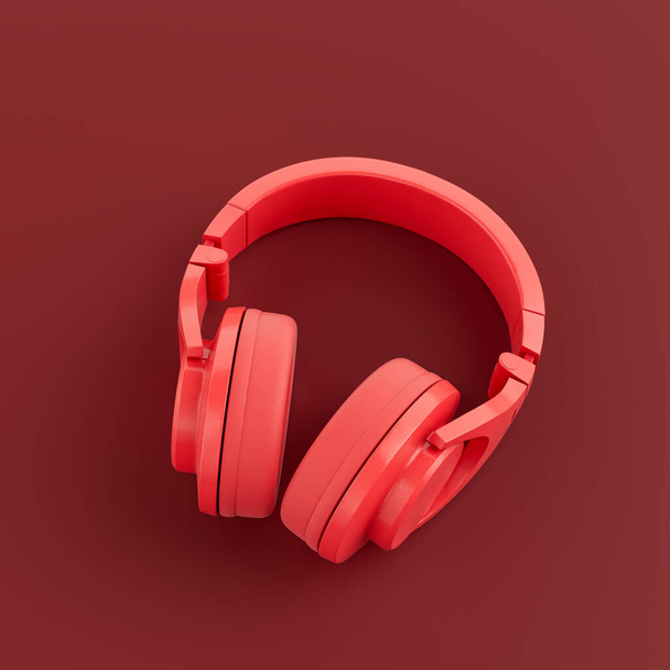 Monochromatyczny pojedynczy czerwony kolor nad słuchawką w czerwonym studio, widok z góry, renderowanie 3d - Zdjęcie, obraz
