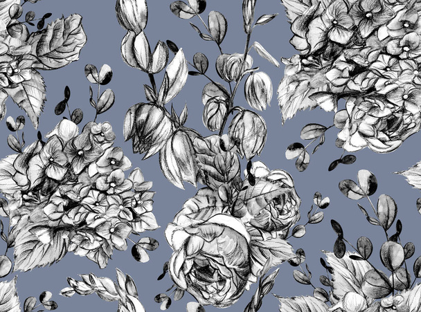 Ретро Бесшовные черно-белый цветочный узор с гортензиями и розами обращается - Фото, изображение