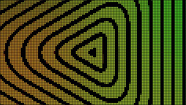 Геометрический фон с расширяющимися треугольниками в бесконечном движении. Движение. Черные силуэты треугольников с сглаженными углами перед красочными зелеными и желтыми квадратами, бесшовная петля. - Фото, изображение