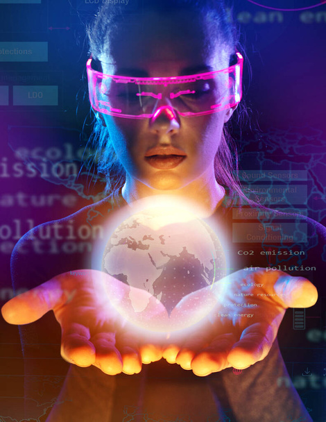 Concept of future technology or entertainment system, virtual reality. Female portrait lit by HUD interface - Fotó, kép