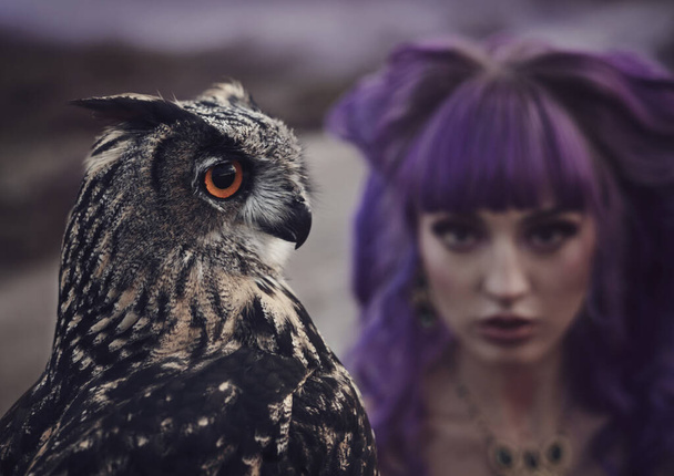 beautiful woman with owl in the nature - Fotoğraf, Görsel