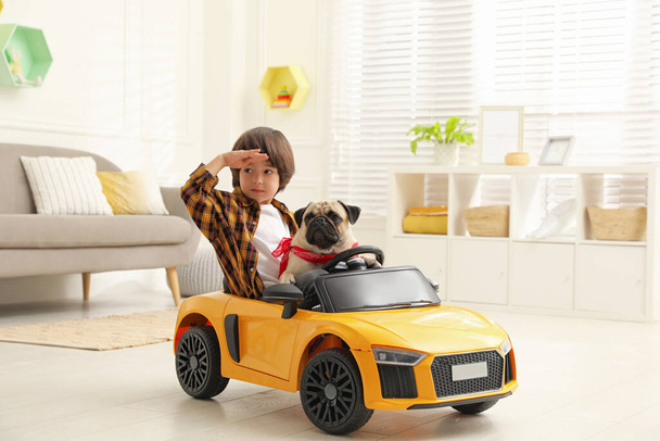 Little boy with his dog in toy car at home - Photo, Image