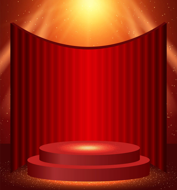 Vector illustration red background with shining flying stage podium - Vector, Image
