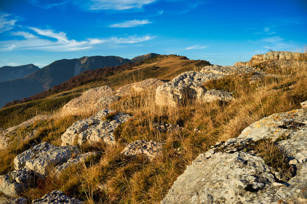 Τοπίο του Οροπεδίου της Lessinia (Altopiano della Lessinia), το φθινόπωρο με καφέ λιβάδι και καρστικούς βράχους, Περιφερειακό Φυσικό Πάρκο στην επαρχία Βερόνας, Βένετο, Ιταλία, Ευρώπη. - Φωτογραφία, εικόνα