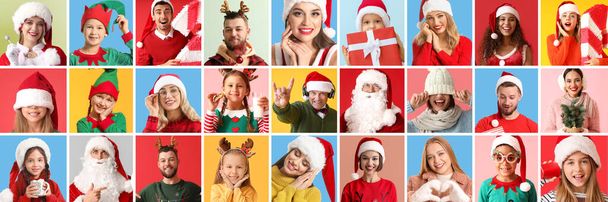 色の背景にクリスマス服の異なる人々のグループ - 写真・画像