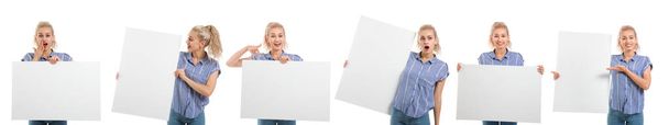 Set of young woman with blank poster on white background - Photo, Image