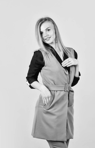 Pretty woman wear beige classy vest, elegant outfit concept - Photo, Image