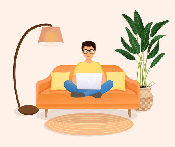 Egy férfi ül a kanapén egy szobában egy laptoppal. Lapos vektor illusztrációja szabadúszó, munka otthon, munka, iroda, oktatás. Távmunka és kommunikáció a közösségi hálózatokban. - Vektor, kép
