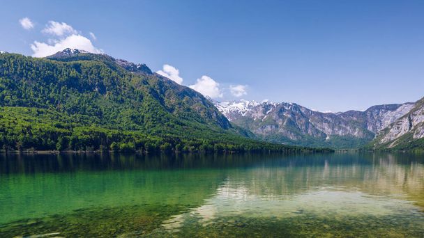 Lake Bohinj in Slovenia, beauty in nature. Colorful summer on the Bohinj lake in Triglav national park Slovenia, Alps, Europe. Mountain Lake bohinj in Julian Alps, Slovenia - Φωτογραφία, εικόνα