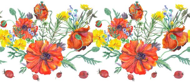 Contraste bordure aquarelle sans couture avec bouquet de coquelicots rouges vifs et d'herbes sauvages - Photo, image