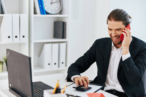 Man work emotions in front of laptop communication technology - Fotografie, Obrázek