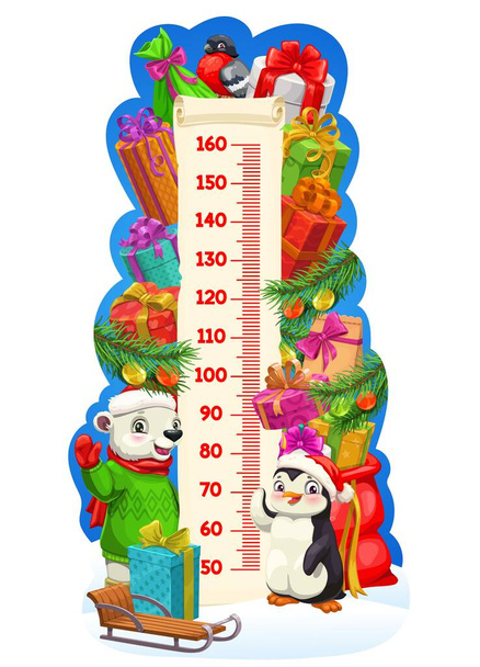 Christmas cartoon animals and gifts, kids height chart. Vector children growth measure meter with ruler scale, Xmas presents, cute funny bear and penguin, ribbon bows, Santa gift bag and sledge - Vector, Image