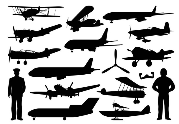 Uçak ve pilot siyah siluetler, vektör uçaklar, havacılık ve hava ulaşımı. Eski ve modern uçaklar, havacı ve kaptan, çift kanatlı, jet uçağı, tek kanatlı ve deniz uçağı, pervane, kontrol tekerleği - Vektör, Görsel