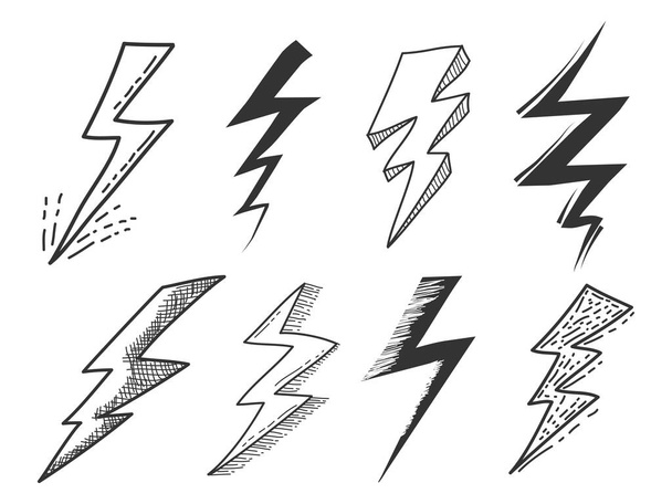 Jeu de foudre électrique, boulon de tonnerre dans le style doodle. isolé sur fond blanc. illustration vectorielle - Vecteur, image