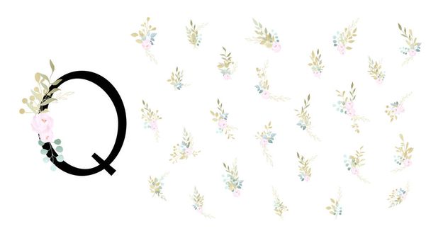 vector font, letter q and flowers, vector illustration  - Вектор,изображение