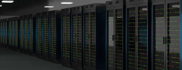 Centro de datos de la sala de servidores. Copia de seguridad, minería, alojamiento, mainframe, granja y rack de computadoras con información de almacenamiento. 3d renderizar - Foto, imagen