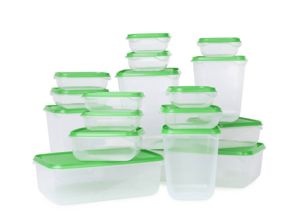 Set of empty plastic containers for food on white background - Photo, Image