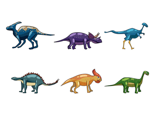 Встановити смішні доісторичні динозаври Triceratops, Brontosaurus. Збірка стародавніх диких монстрів рептилій у стилі мультфільмів. Вектор ізольований - Вектор, зображення