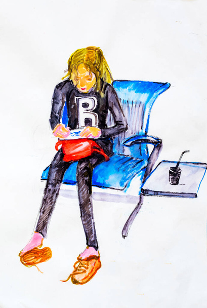 watercolor illustration of a happy teenage girl who draws at the airport, vacatio - Photo, Image