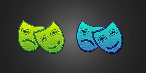 Yeşil ve mavi komedi ve trajedi teatral maskeler siyah arka planda izole edilmiş. Vektör - Vektör, Görsel