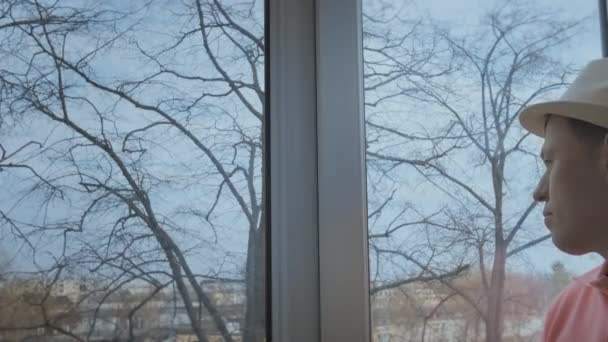 Mies katsoo ulos ikkunoista kadulle, ikkunan ulkopuolella on suuri puu ilman lehtiä, syksyn aikaa - Materiaali, video