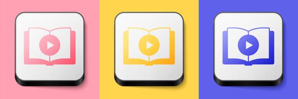 Изометрическая иконка аудио книги выделена на розовом, желтом и синем фоне. Кнопка игры и книга. Звуковой указатель. Концепция онлайн обучения. Кнопка квадратная Вектор - Вектор,изображение