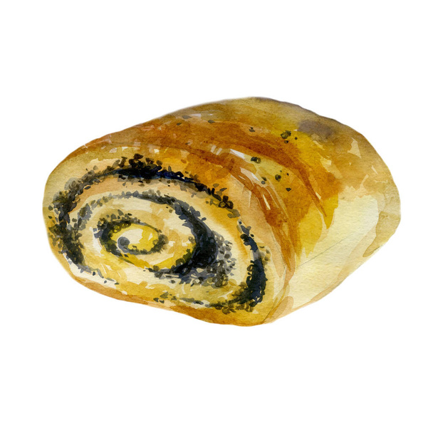 Watercolor illustration bun. Sweet pastries. Poppy seed bun. - Photo, Image
