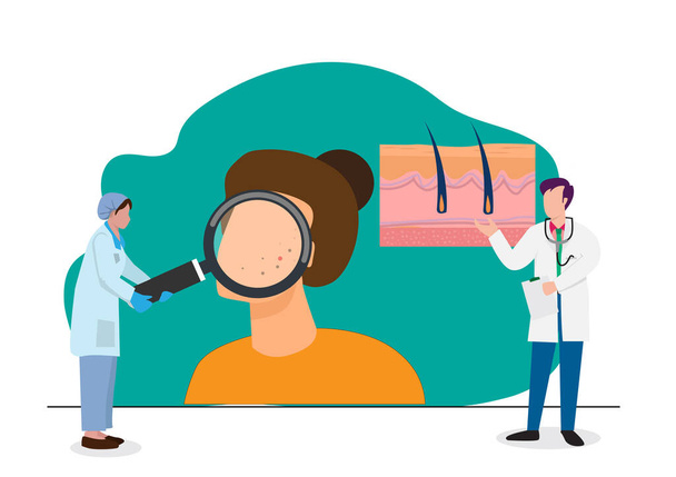 Tiny dermatologists with assistants are examining a woman's face. with allergies, acne, dry face, diagnosis or treatment of abstract skin diseases, skin diseases, health protection and beauty concepts. vector illustration - Vector, Image
